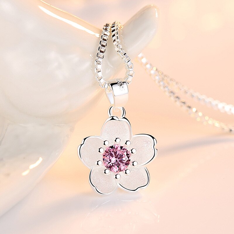 925 Stamp Silver Color Chains And Necklaces For Women Neck Jewelry Charm Pink Purple Peach Blossom Pendant Wedding Birthday