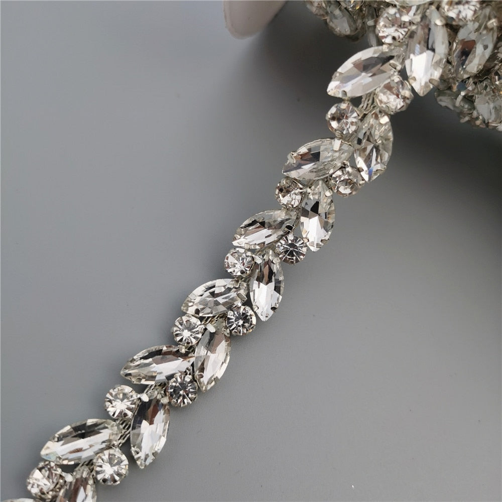 1 feet Leaf Silver Glass Crystal Chain Bling Rhinestone Trim Metal Ribbon Necklace Decoration Wedding Dress Clothing Accessories
