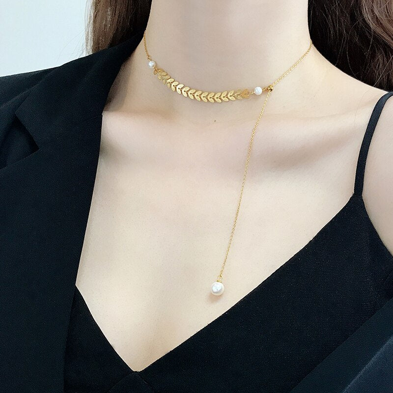 2022 Multi Layered Pearl Pendant Necklace Collar Choker Statement Necklace Women Wedding Party Jewelry Sweater Chain