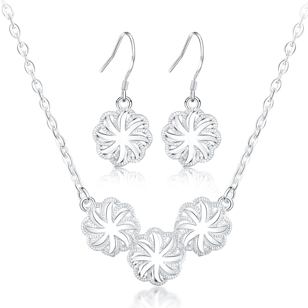 Korean 925 sterling Silver Pretty Flowers necklace earrings Jewelry sets for women charms wedding party gifts jewelry