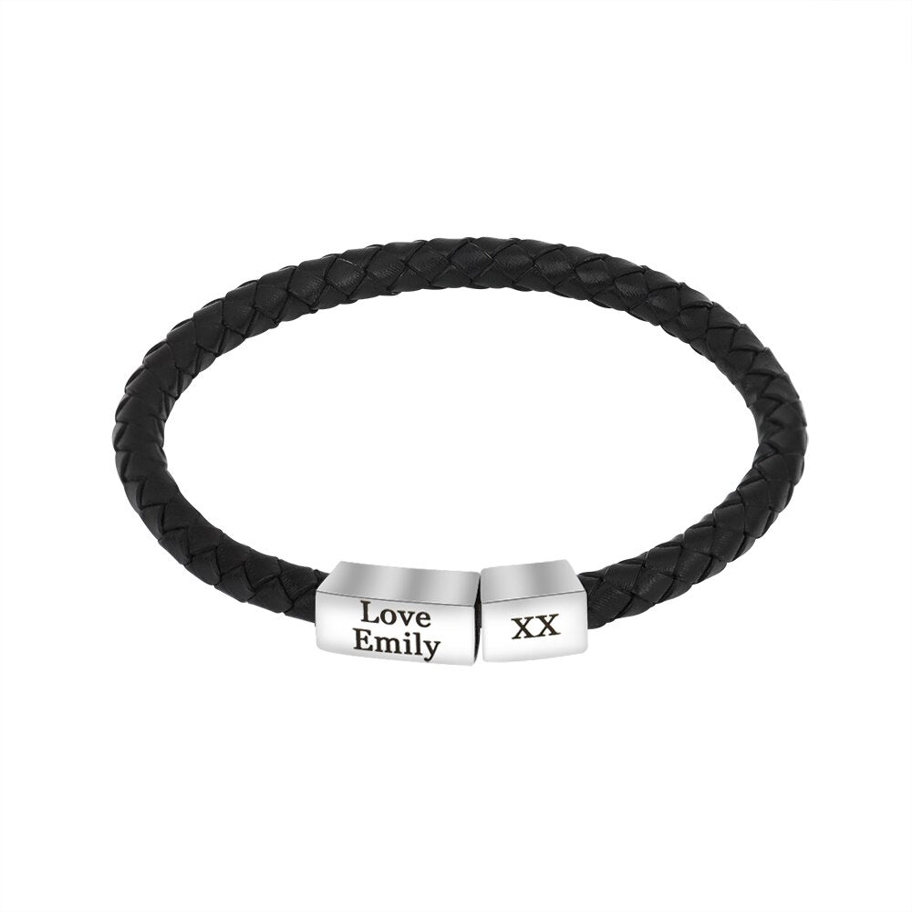 Personalized Lack Braided Genuine Leather Bracelet Wrist Cuff With Magnetic Clasp  Name Engraved For Men Customized ID Bracelet