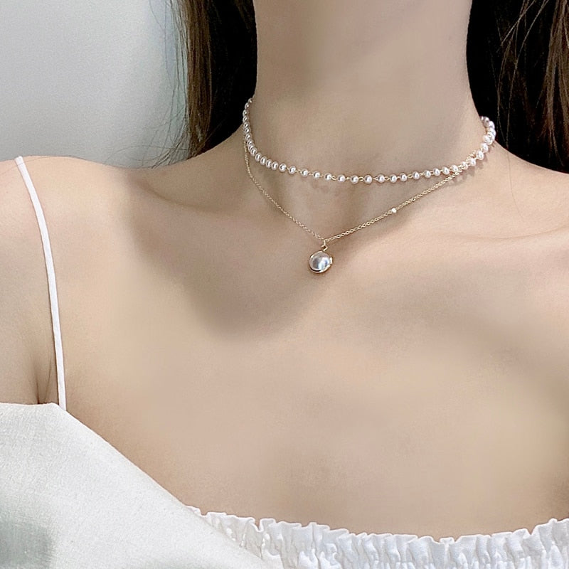 2022 Multi Layered Pearl Pendant Necklace Collar Choker Statement Necklace Women Wedding Party Jewelry Sweater Chain
