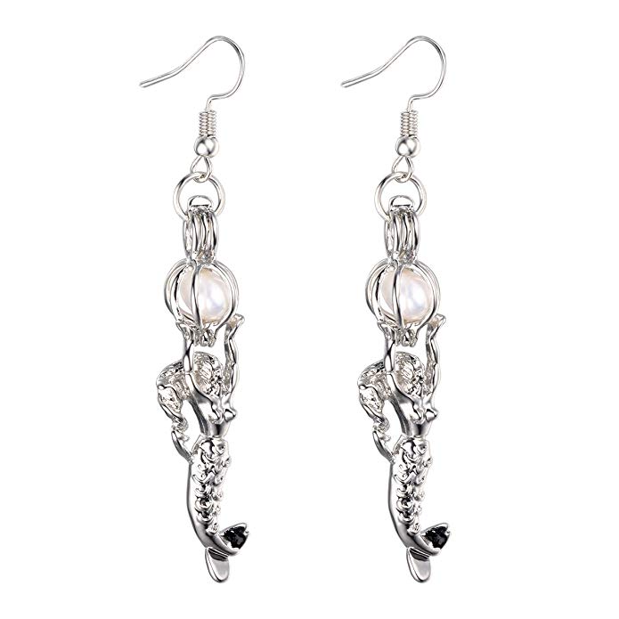 Pearl Oyster Locket Cage 6-7 mm Cultured Oval Pearls Mermaid Pendant Dangle Earrings