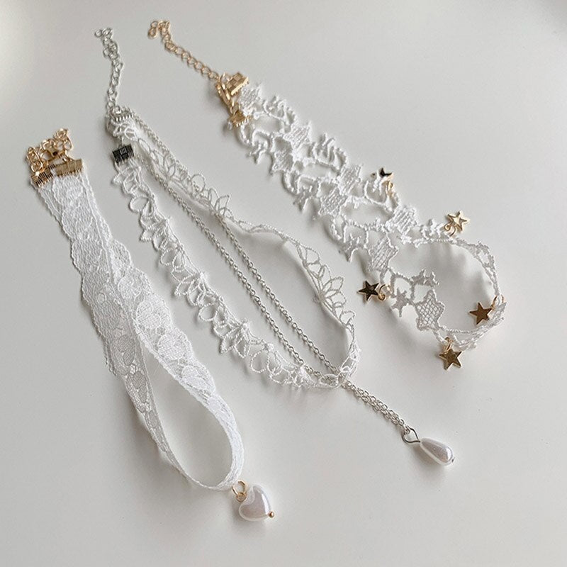 HUANZHI 2021 Sweet  Wavy Flower White Lace Imitation Pearl Pendant Clavicle Chain Choker Necklace for Women Wedding Jewelry