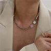 HUANZHI 2022 Vintage Colourful Pearl Choker Resin Flower Transparent Beads Pink Crystal Necklace for Women Wedding Jewelry