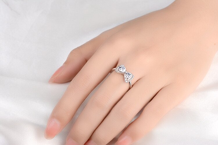925 Stamp Silver Color Bowknot Zircon Adjustable Open Finger Rings For Women Girls Wedding Dorpshipping Anelli Party Jewelry