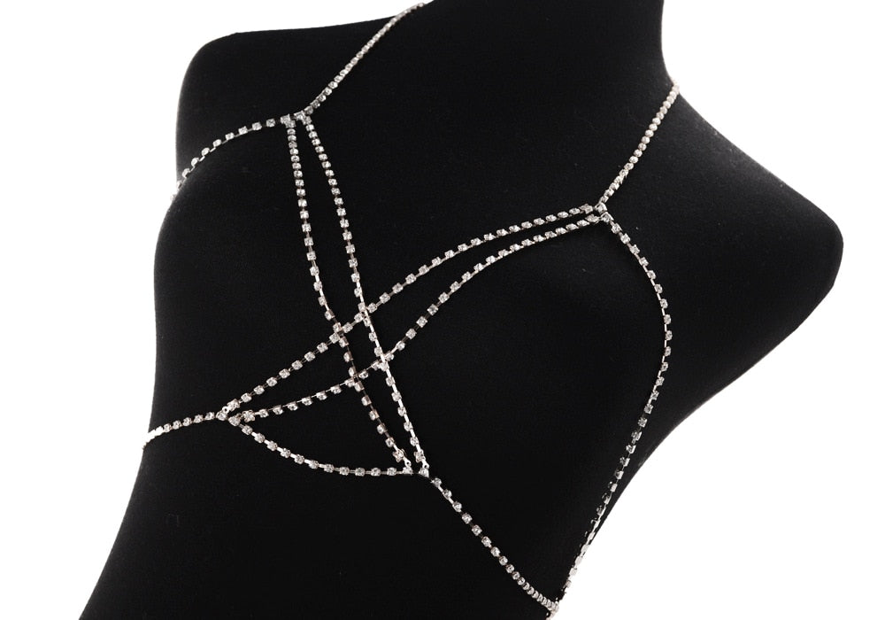 Sexy Rhinestone Body Chain for Women Boho Jewelry Cross Chest Chain Shining Crystal Party Wedding Chest Decoration Accessory