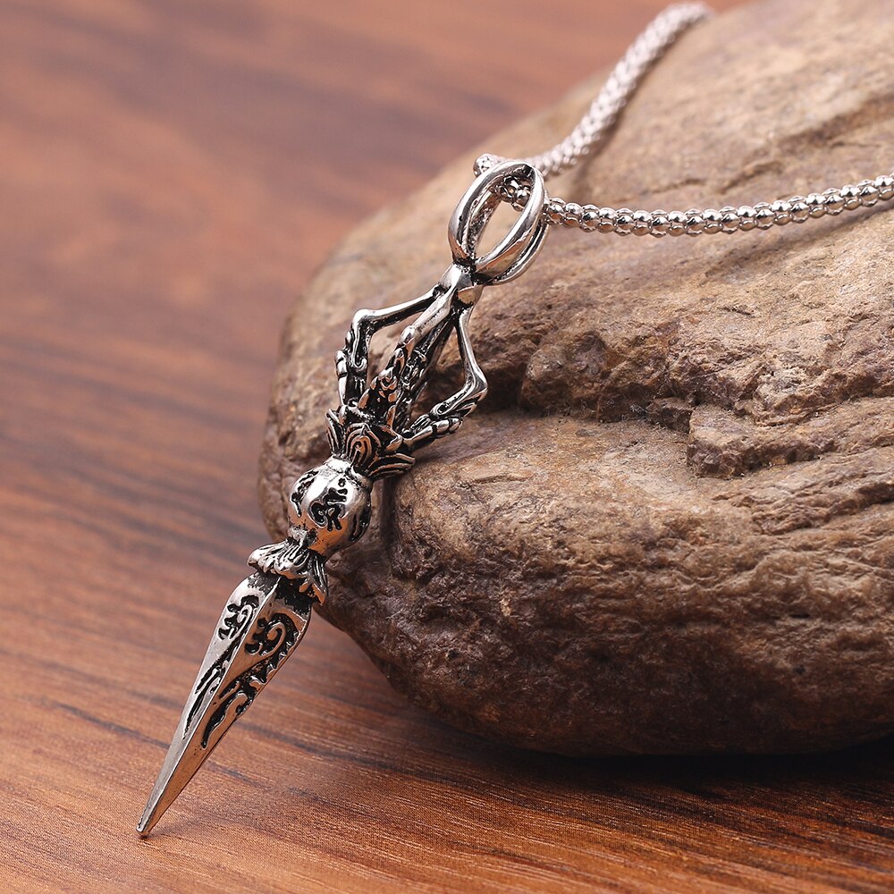 ForFox Pendentif Vajra Dorje Tibétain Obsidienne - Amulette Bouddhiste Argent Sterling 925 Vintage Homme Femme