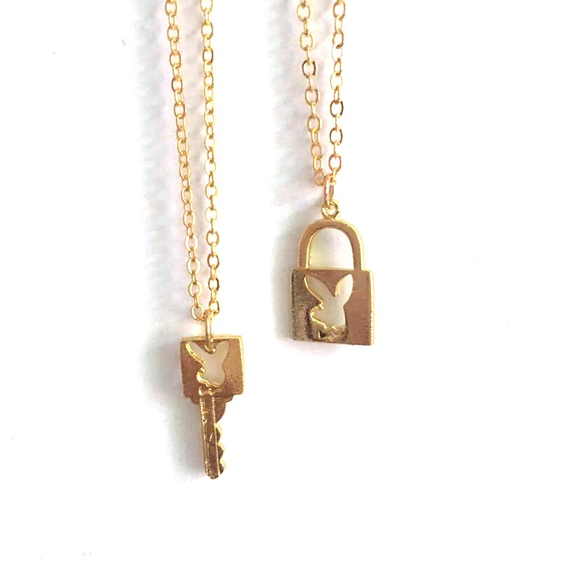 Harajuku Bunny Head Key Lock Pendant Necklace for Women Cute Animal Neck Chain Paired Necklace Couple Gifts 2021 Trendy Jewelry