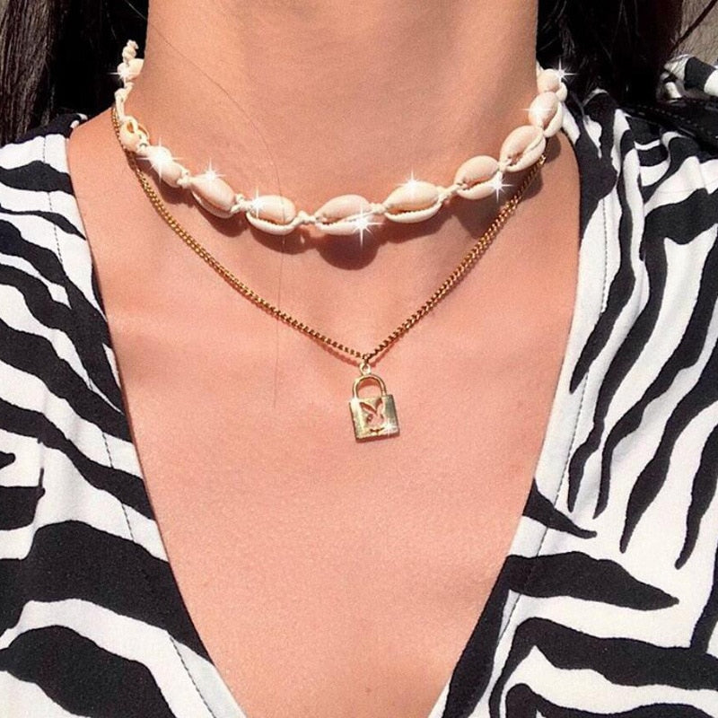 Harajuku Bunny Head Key Lock Pendant Necklace for Women Cute Animal Neck Chain Paired Necklace Couple Gifts 2021 Trendy Jewelry