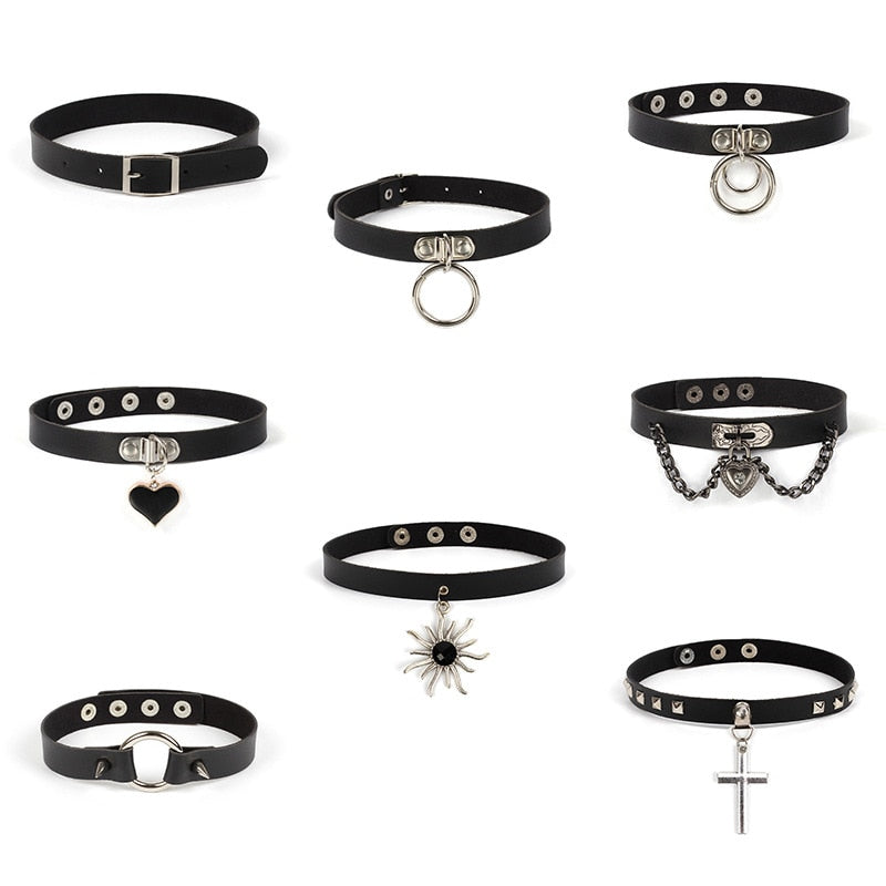 Harajuku Geometric Love Chocker Dark Black Collar Retro Black Leather Neckband Clavicle Goth Necklace Rock Jewelry Gifts