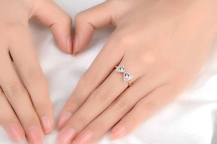 925 Stamp Silver Color Bowknot Zircon Adjustable Open Finger Rings For Women Girls Wedding Dorpshipping Anelli Party Jewelry