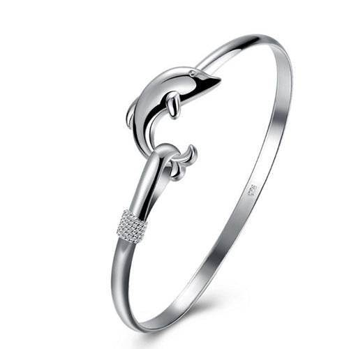925 Stamp Silver Color Woman Cuff Bracelet Dolphin Retro Bangle Party Wedding Jewelry Charm Girl Gifts Christmas