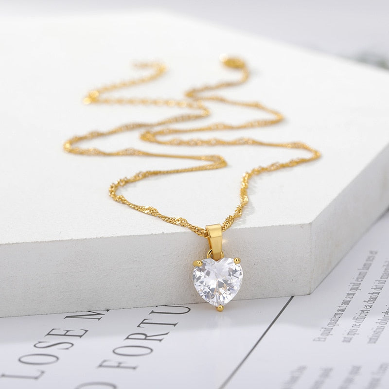 Heart Necklaces for Women Stainless Steel Gold Zircon Chain Heart Lover Necklace Clavicle Choker Valentine Jewelry Wedding Gift