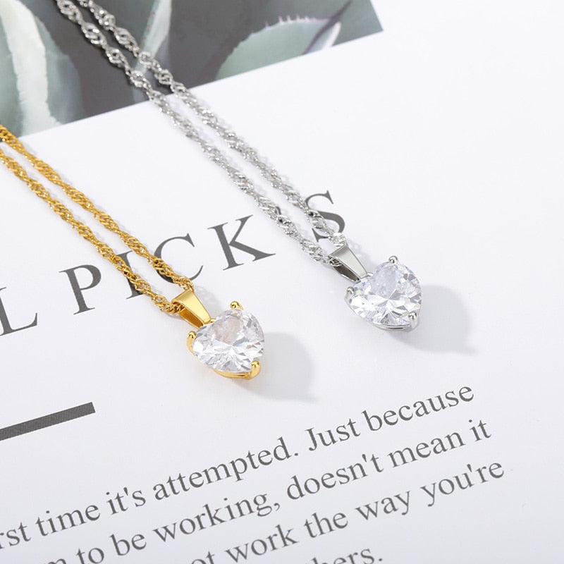 Heart Necklaces for Women Stainless Steel Gold Zircon Chain Heart Lover Necklace Clavicle Choker Valentine Jewelry Wedding Gift