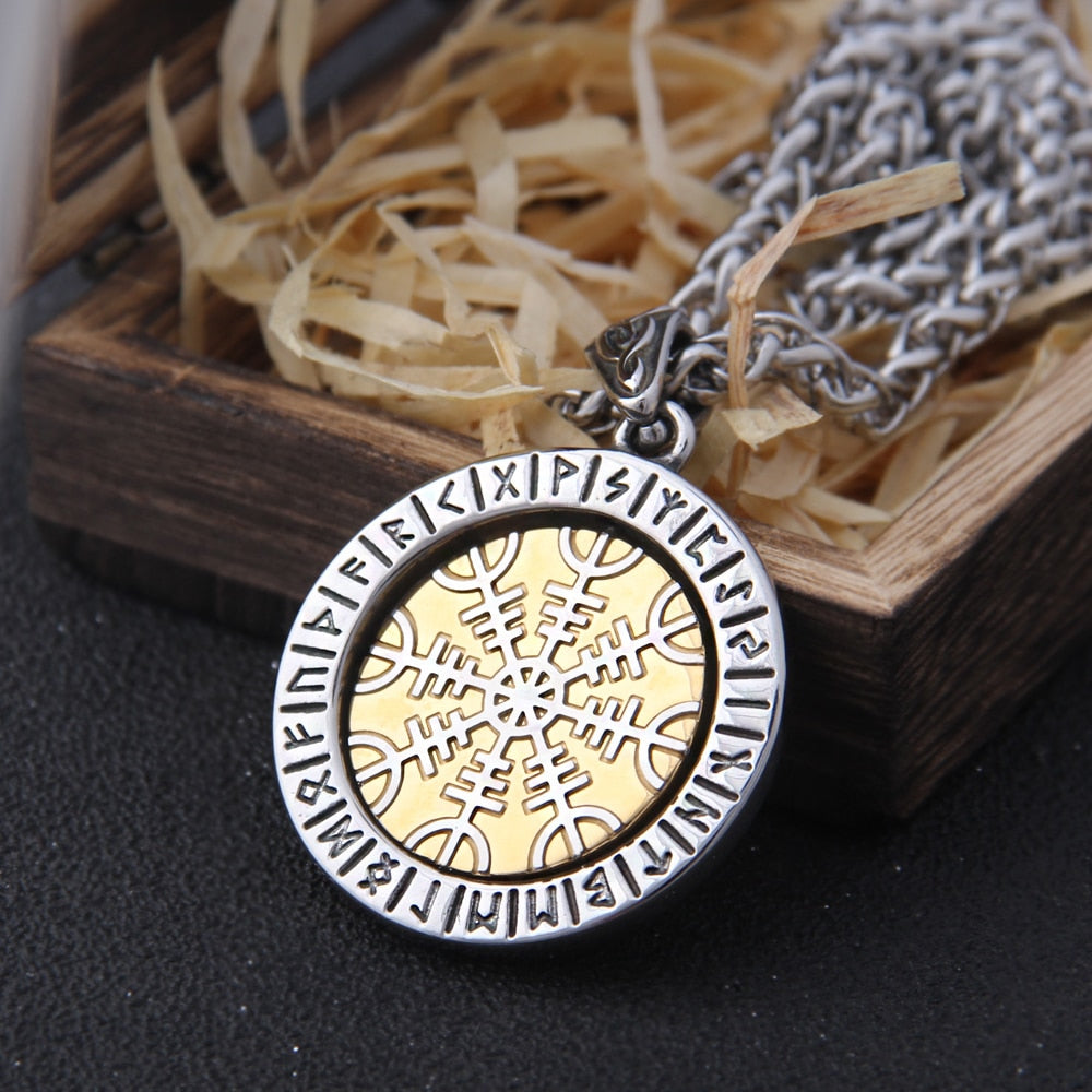"Helm of Awe" and "Viking Vegvisir" Viking Rune Necklace with Stainless Steel Chain and pendant As Men Gift with wooden box