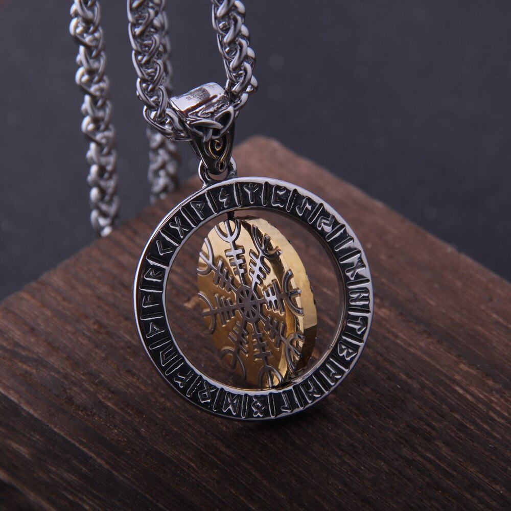 "Helm of Awe" and "Viking Vegvisir" Viking Rune Necklace with Stainless Steel Chain and pendant As Men Gift with wooden box