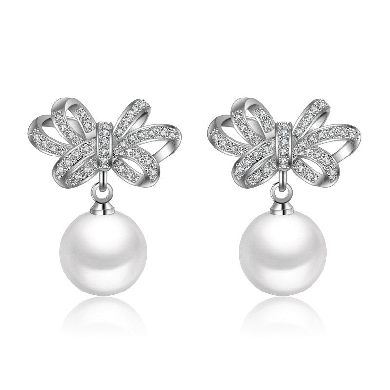925 Stamp Silver Color Pearl Earrings Bowknot Cross Stud  Women Wedding Fine Jewelry Christmas Gift