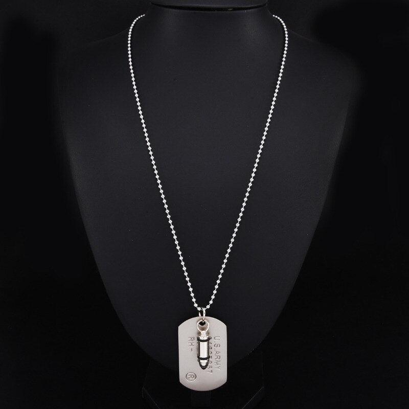 Men Military Army Bullet Charm Dog Tags SINGLE EMBOSSED Chain Pendant Necklace Jewelry Gift