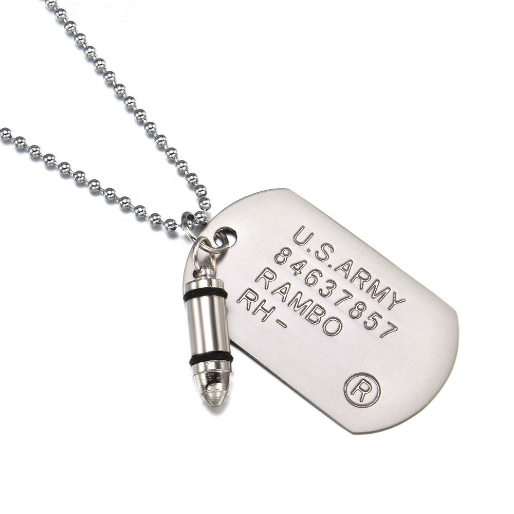 Men Military Army Bullet Charm Dog Tags SINGLE EMBOSSED Chain Pendant Necklace Jewelry Gift