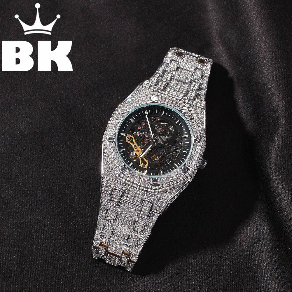 Hip Hop Full Iced Out Men Watches Stainless Steel Mechanical  Rhinestones Quartz Square Wristwatches Business Watch