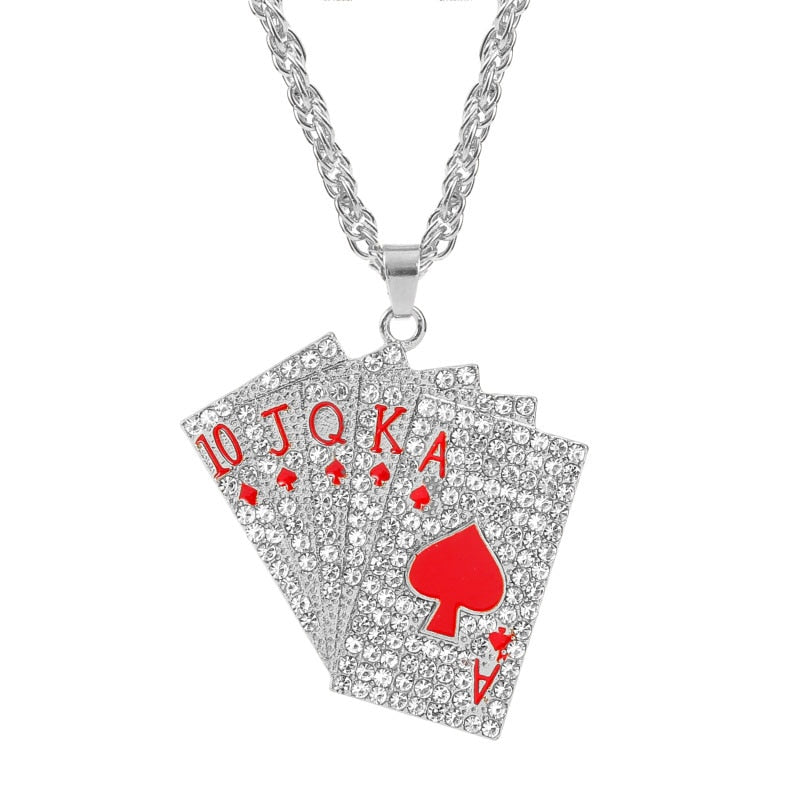 Hip Hop Jewelry Women Men Statement Enamel Playing Cards Pendants Necklaces Hip Hop Jewelry Gold Silver Color Necklace