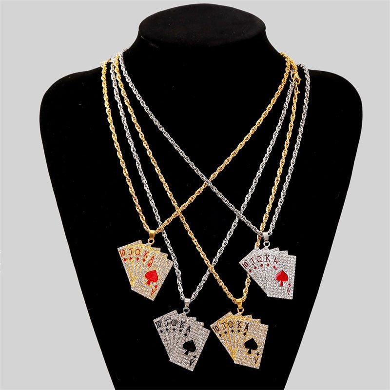 Hip Hop Jewelry Women Men Statement Enamel Playing Cards Pendants Necklaces Hip Hop Jewelry Gold Silver Color Necklace
