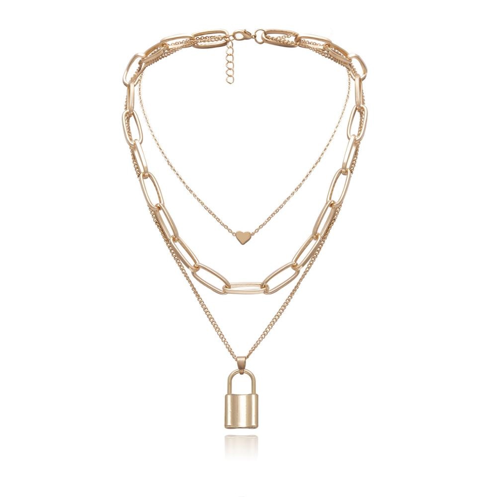 Hip Hop Multi Layers chain necklace with heart lock women