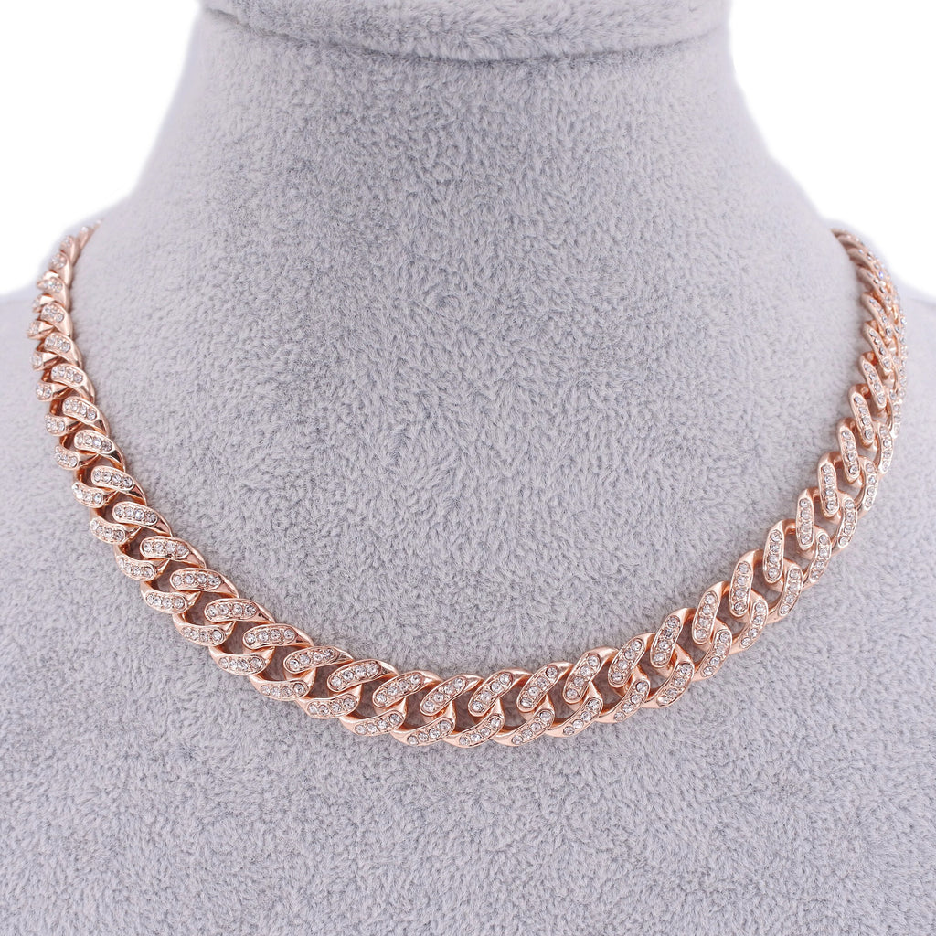 Hip hop cuban link chain women crystal necklace 13mm wide 16inch choker iced out bling jewelry 1 row cz rose gold rapper