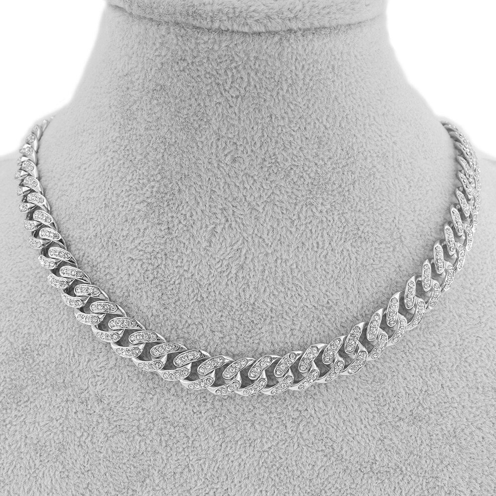 Hip hop cuban link chain women crystal necklace 13mm wide 16inch choker iced out bling jewelry 1 row cz rose gold rapper