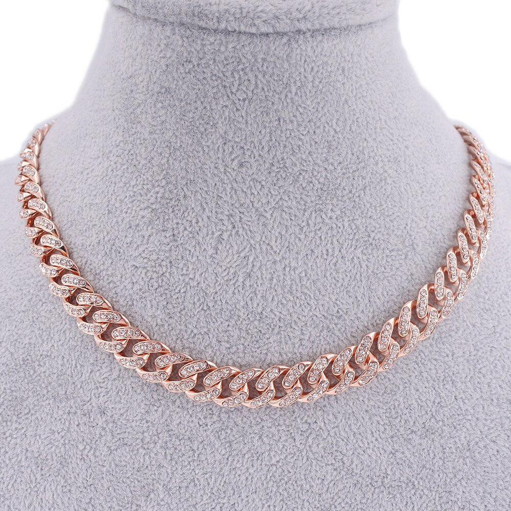 Hip hop cuban link chain women crystal necklace 13mm wide 16inch choker iced out bling jewelry 1 row cz rose gold rapper