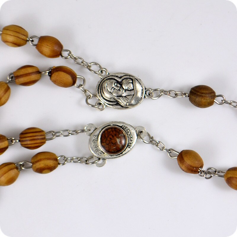 Holy soil TERRA JERUSALEM Oval Wood Rosary Beads INRI Jesus Cross Crucifix Pendant Necklaces Catholic Religious Jewelry