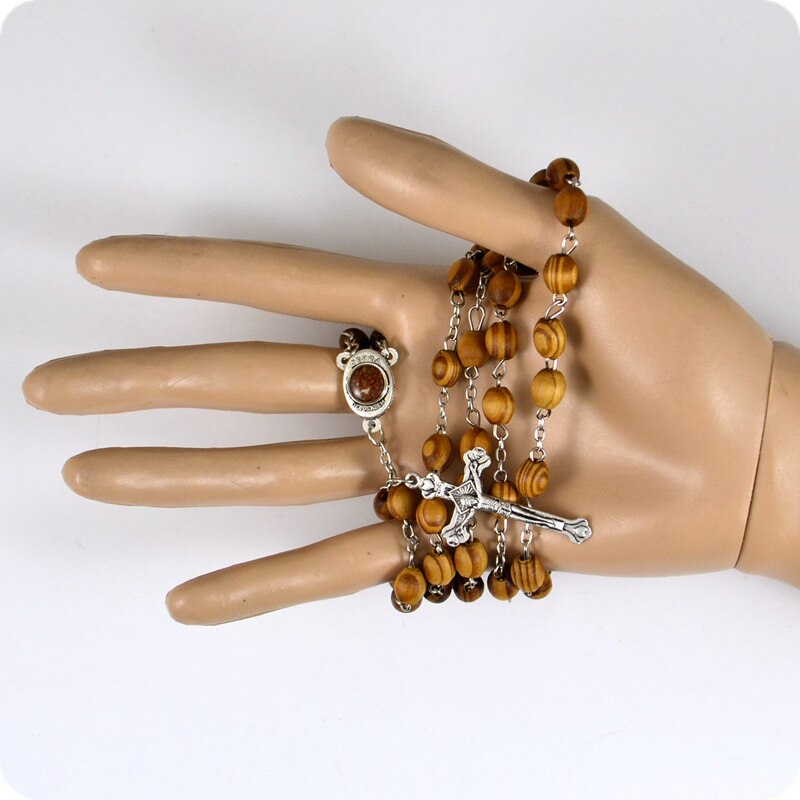 Holy soil TERRA JERUSALEM Oval Wood Rosary Beads INRI Jesus Cross Crucifix Pendant Necklaces Catholic Religious Jewelry