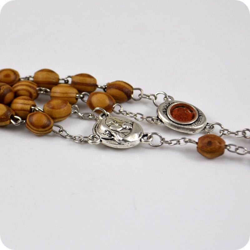 Holy soil TERRA JERUSALEM Oval Wood Rosary Beads INRI Jesus Cross Crucifix Pendant Necklaces Catholic Religious Jewelry