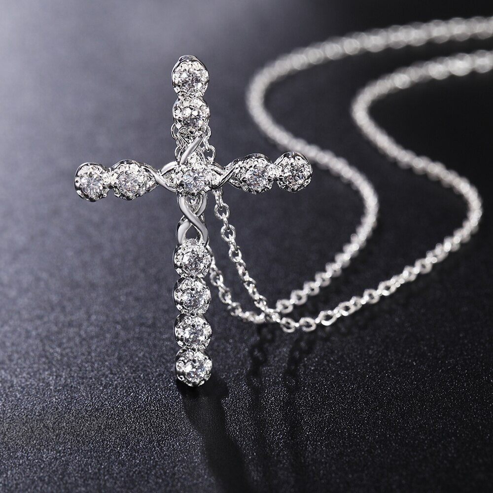 925 Stamped Silver Blue crystal cross Pendant Necklace For Women Christmas gifts Wedding party fine noble Jewelry