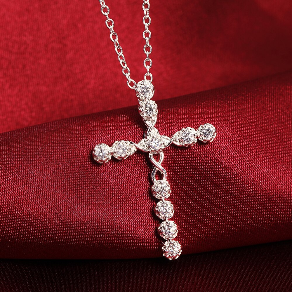 925 Stamped Silver Blue crystal cross Pendant Necklace For Women Christmas gifts Wedding party fine noble Jewelry