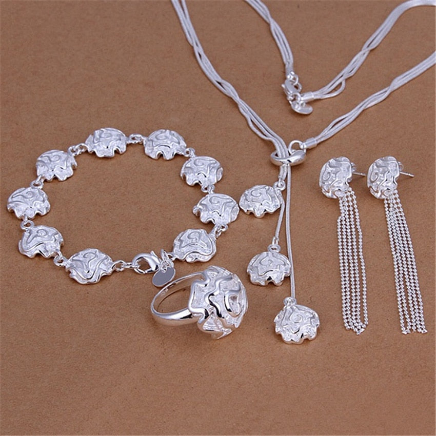 925 sterling Silver romantic Rose flower rings Bracelets necklaces earrings Jewelry set for women wedding Party gift