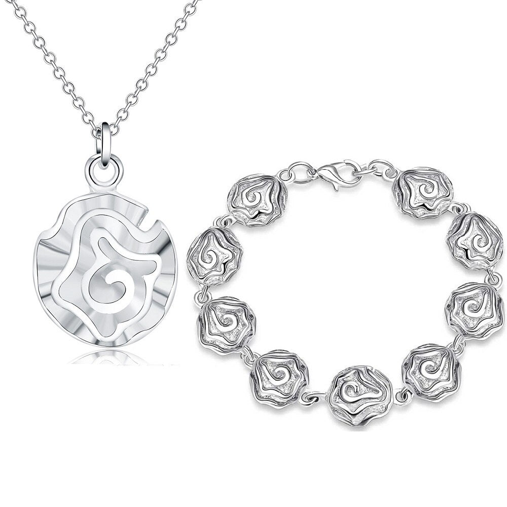 Charms designer 925 sterling Silver Pretty rose flower Bracelets necklaces Jewelry set for women Party wedding gifts