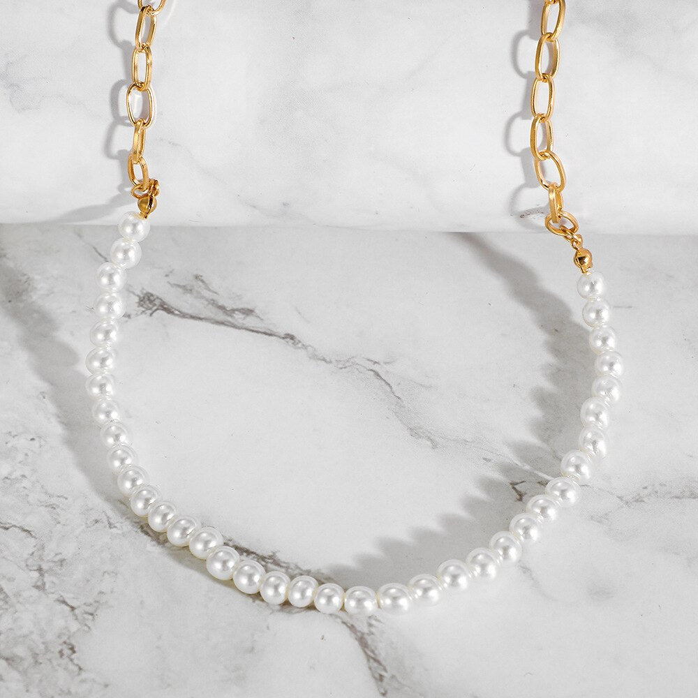 Simple Minimalist White Pearl Necklace Link Chain Choker Necklace Bridal Girls Delicate Wedding Party Pearl Jewelry