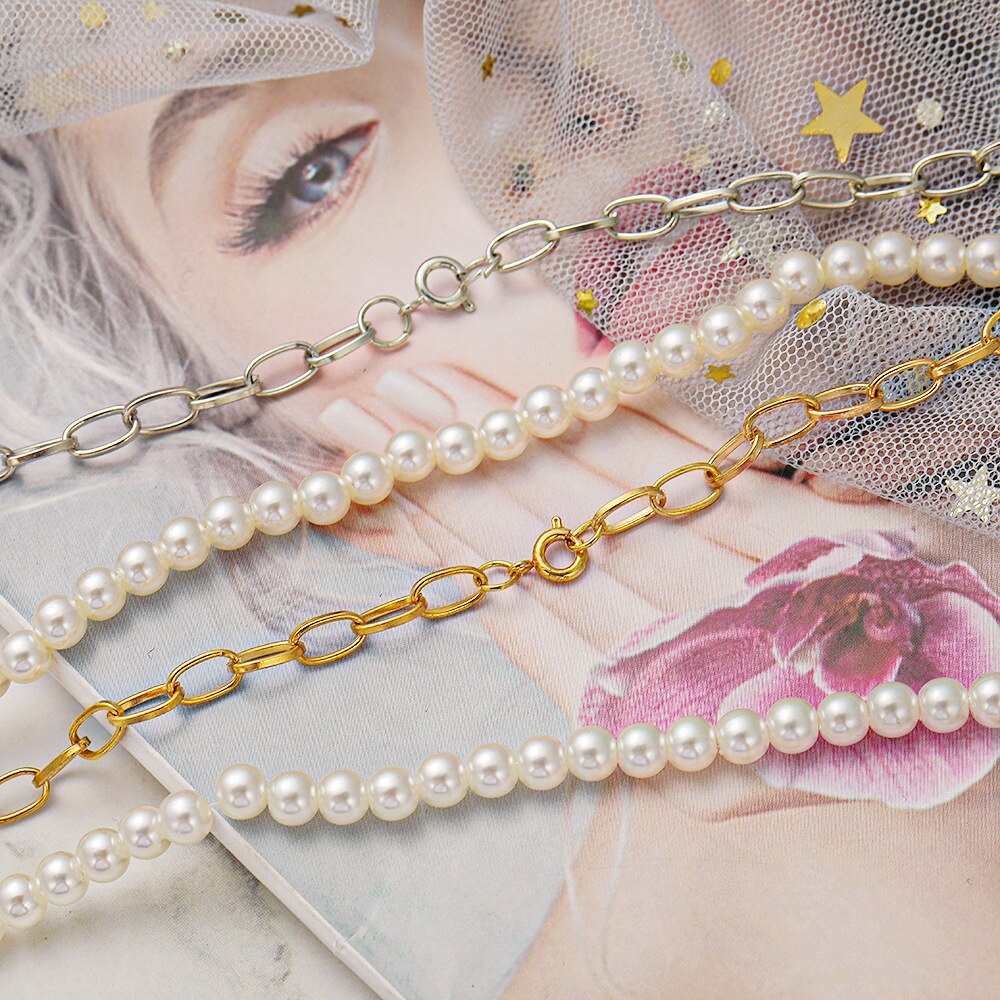 Simple Minimalist White Pearl Necklace Link Chain Choker Necklace Bridal Girls Delicate Wedding Party Pearl Jewelry