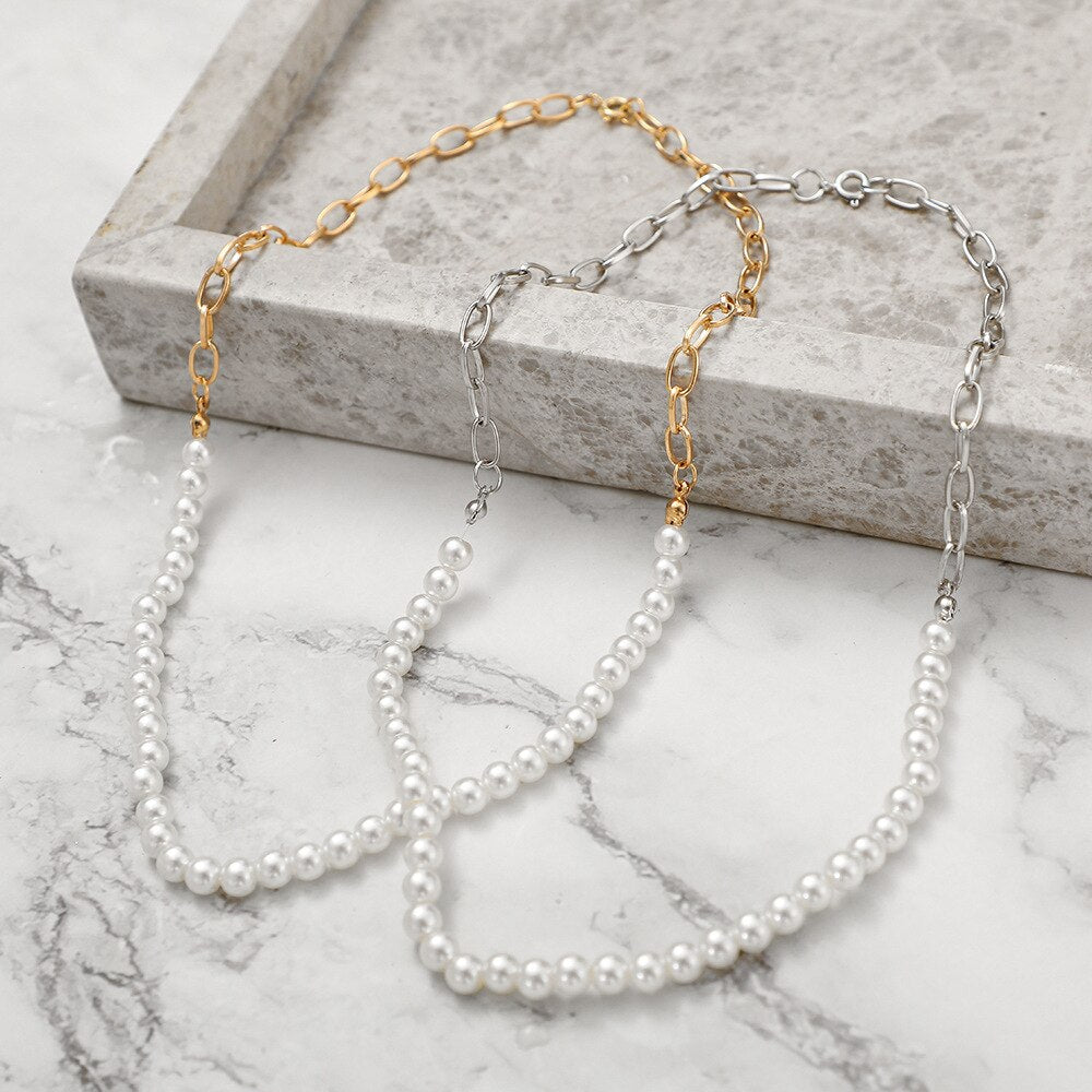 Simple Minimalist White Pearl Necklace Link Chain Choker Necklace Bridal Girls Delicate Wedding Party Pearl Jewelry