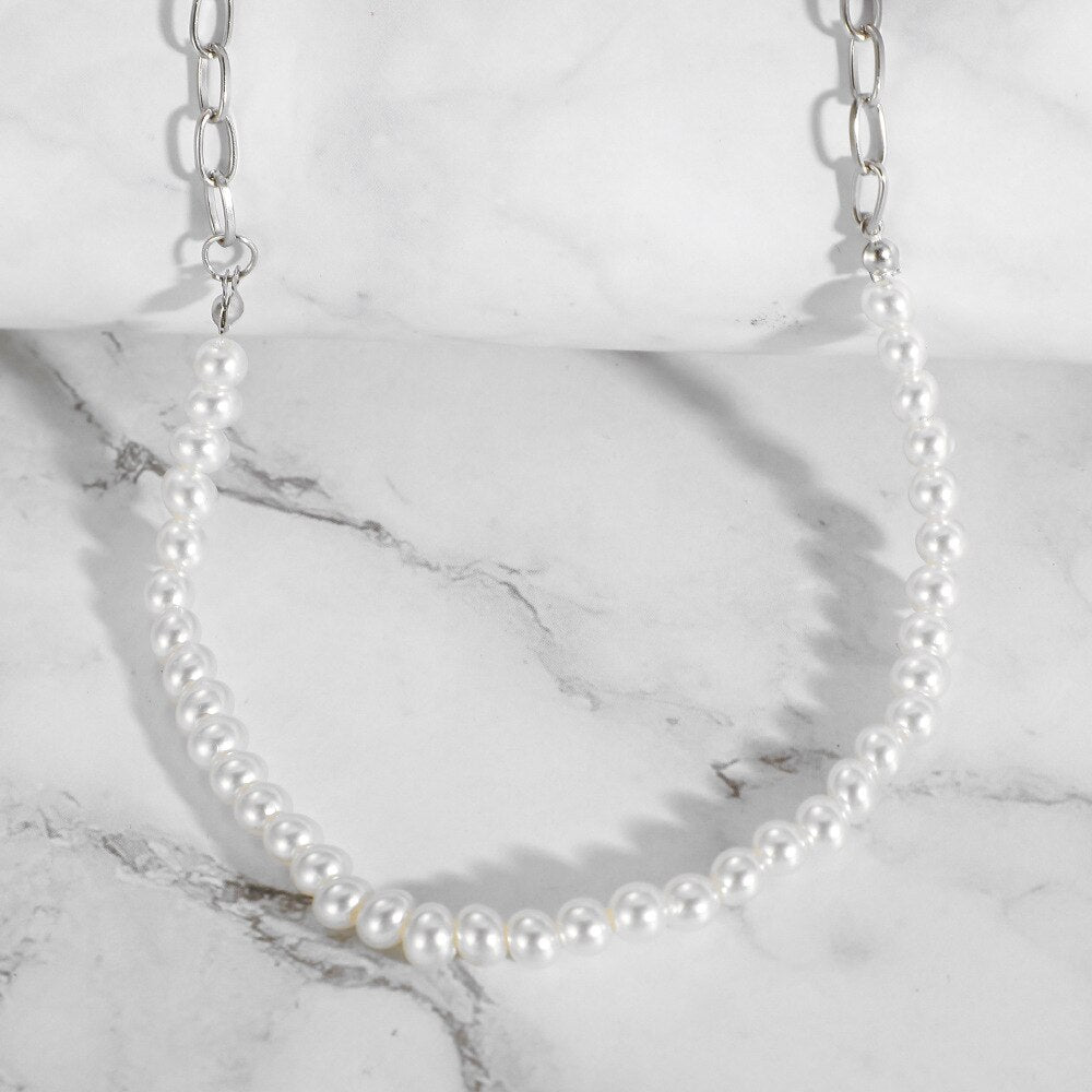 Simple Minimalist White Pearl Necklace Link Chain Choker Necklace Bridal Girls Delicate Wedding Party Pearl Jewelry