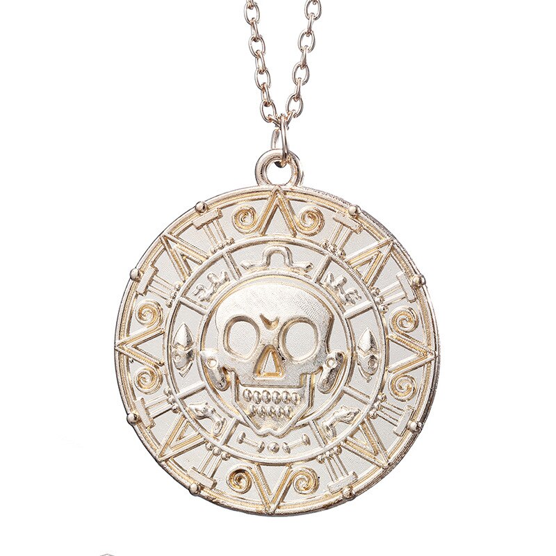 Pirates Of The Caribbean Necklace Jack Sparrow Aztec Coin Medallion Vintage Gold Bronze Keychain Silve Pendant