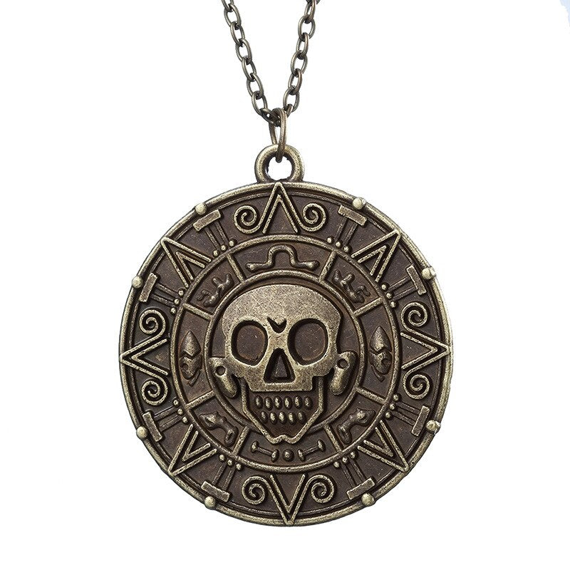 Pirates Of The Caribbean Necklace Jack Sparrow Aztec Coin Medallion Vintage Gold Bronze Keychain Silve Pendant