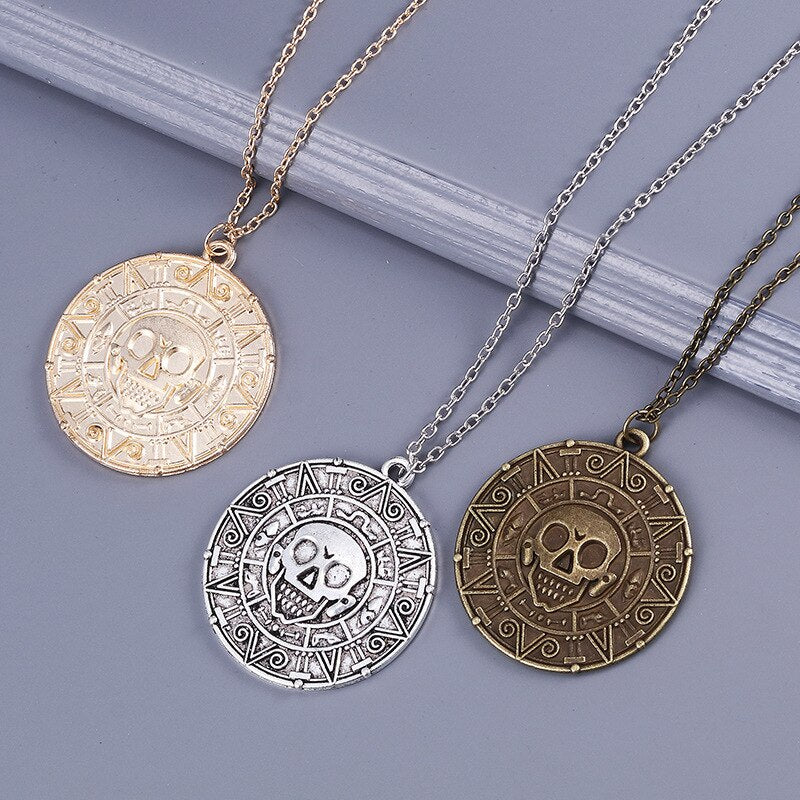 Pirates Of The Caribbean Necklace Jack Sparrow Aztec Coin Medallion Vintage Gold Bronze Keychain Silve Pendant