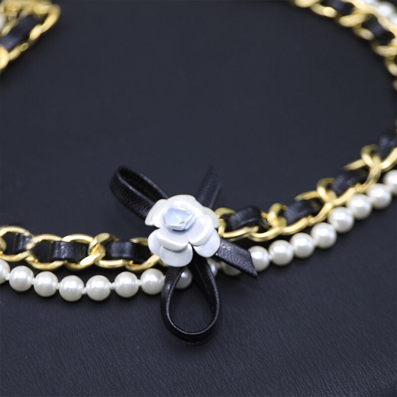 Pop  Brand Ladies Pearl Lovely Bow Camellia Necklace Punk Leather Chain Two-ply choker Wedding Anniversary Jewelry