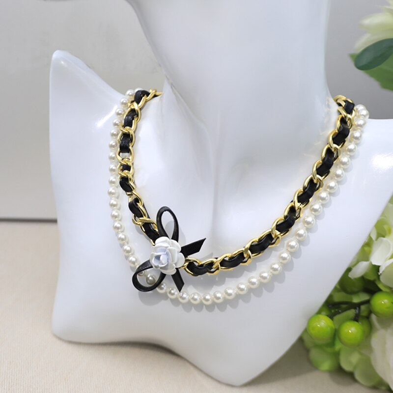 Pop  Brand Ladies Pearl Lovely Bow Camellia Necklace Punk Leather Chain Two-ply choker Wedding Anniversary Jewelry