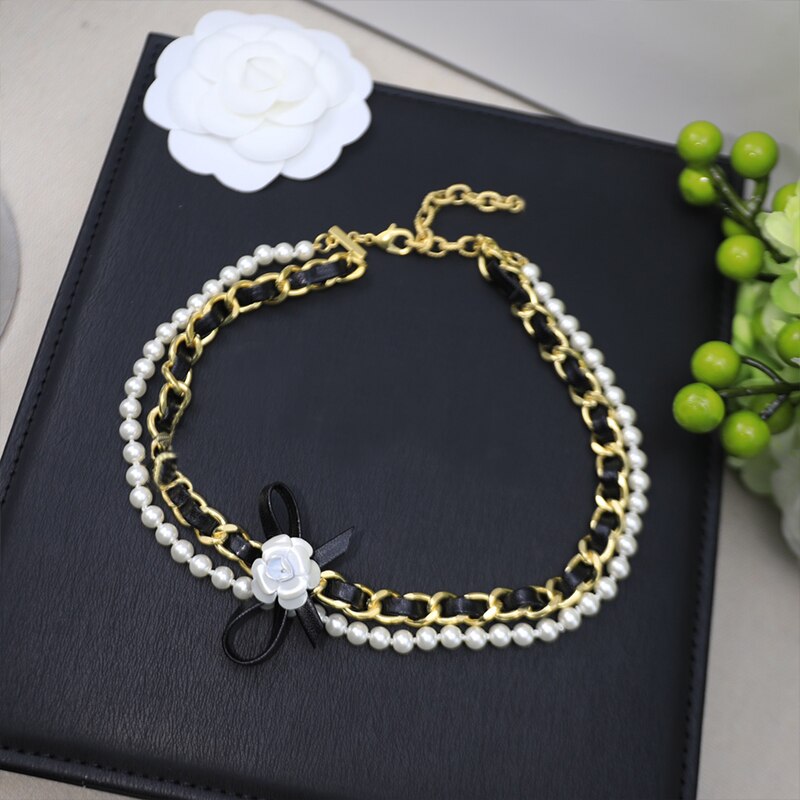 Pop  Brand Ladies Pearl Lovely Bow Camellia Necklace Punk Leather Chain Two-ply choker Wedding Anniversary Jewelry