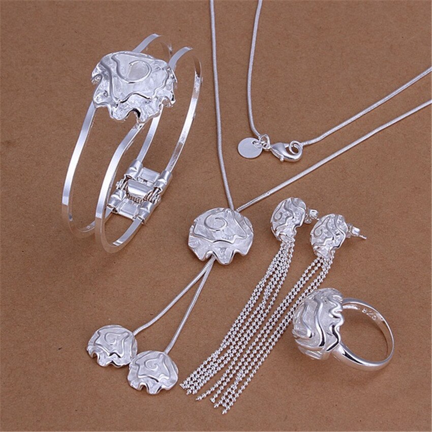 Popular designer 925 sterling Silver elegant rose flower bangle rings Bracelet necklace earring Jewelry set for women gifts
