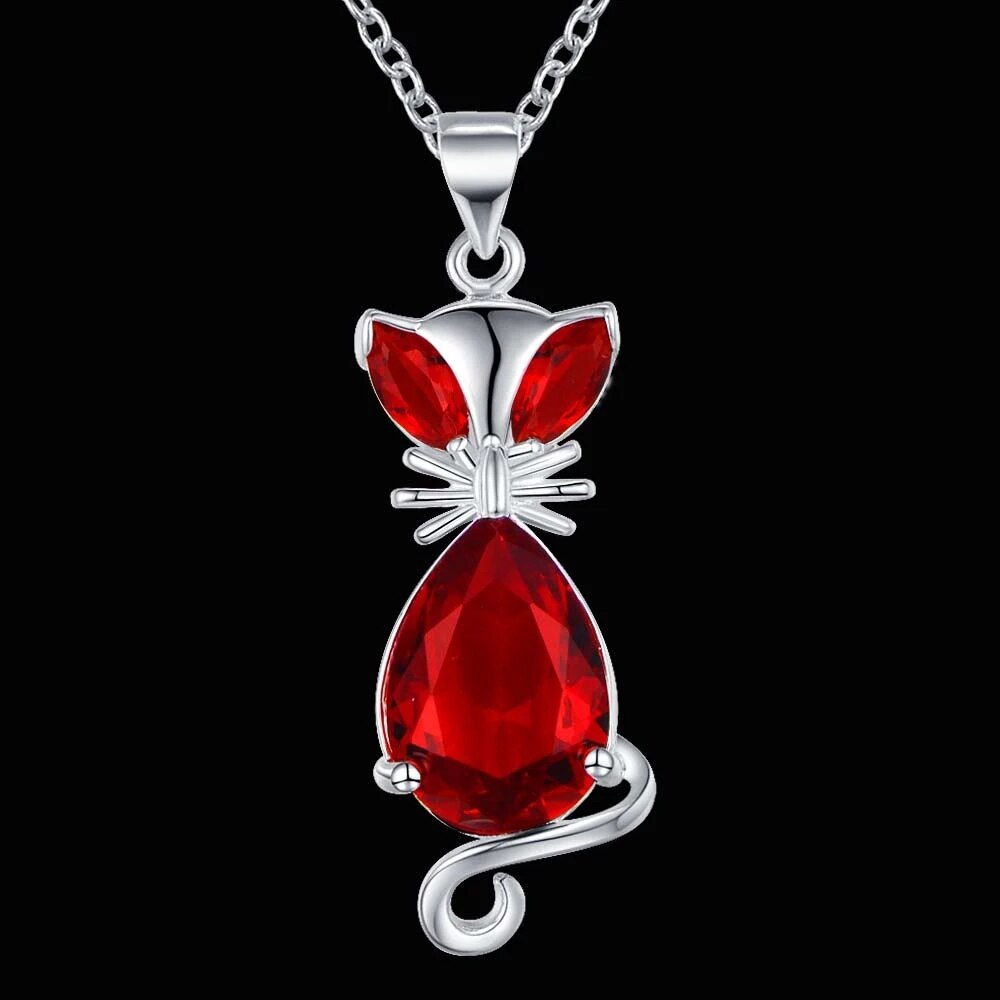 Pretty 925 Stamped Silver  red Blue green Crystal Fox Pendant Necklace For Women party Wedding Jewelry Gifts